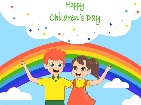 Illustration Happy Boy Girl Rainbow Happy Childrens Day Lettering — стоковый вектор