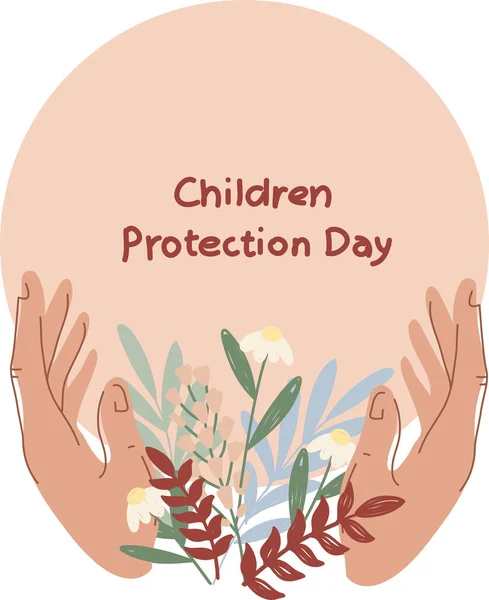 Illustration Weiblicher Hände Der Nähe Von Blumen Und Kinderschutztag Schriftzug — Stockvektor