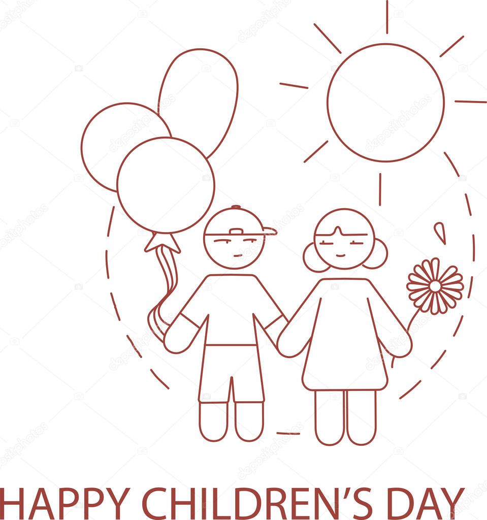 illustration of cartoon boy and girl holding hands, international children day concept