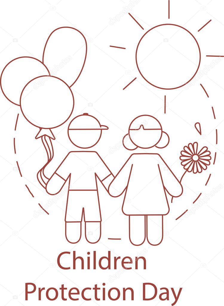 cartoon boy and girl holding hands near children protection day lettering on white