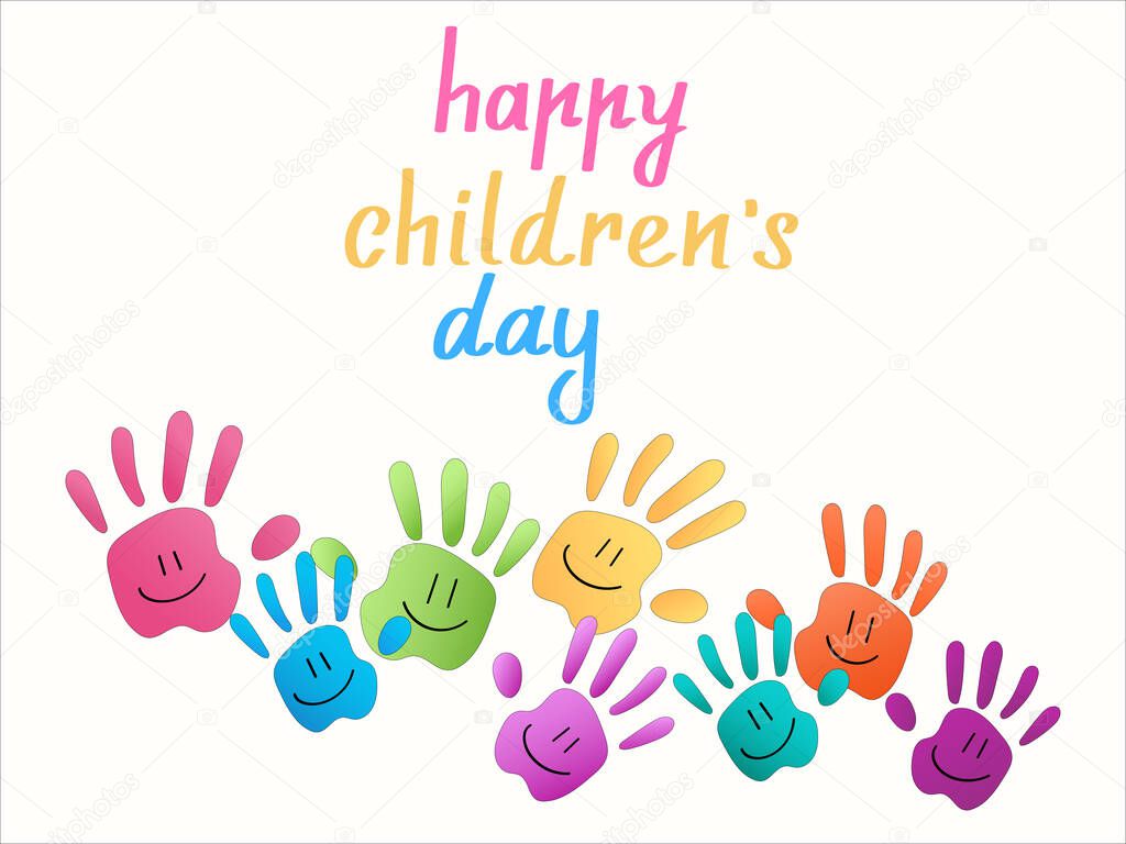illustration of colorful hand palms near happy childrens day lettering on white