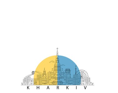 Beyaz harflerle Ukrayna bayrağı ve Kharkiv harflerinin yakınındaki şehrin çizimi