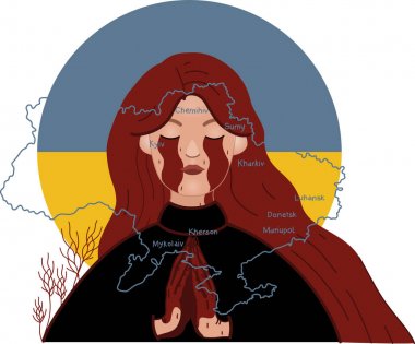 Ağlayan Ukraynalı bir kadının ülke haritasının yanında gözleri kapalı dua edişinin resmi.