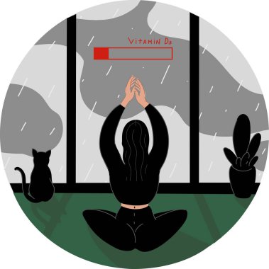 illustration of woman practicing yoga near battery with vitamin d lettering in rainy day clipart