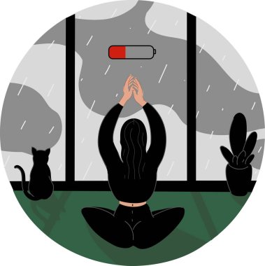 Yağmurlu günlerde pil sembolü, kedi ve pencerenin yanında yoga yapan bir kadının resmi