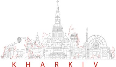 Beyaz pankartta yanan kharkiv şehrinin gösterimi