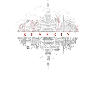 illustration of burning kharkiv city with reflection on white clipart