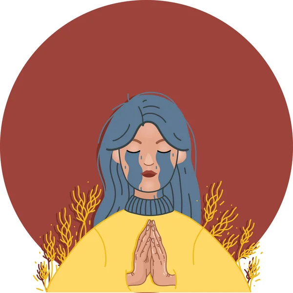 Illustration Crying Ukrainian Woman Praying Closed Eyes Red — Vector de stock