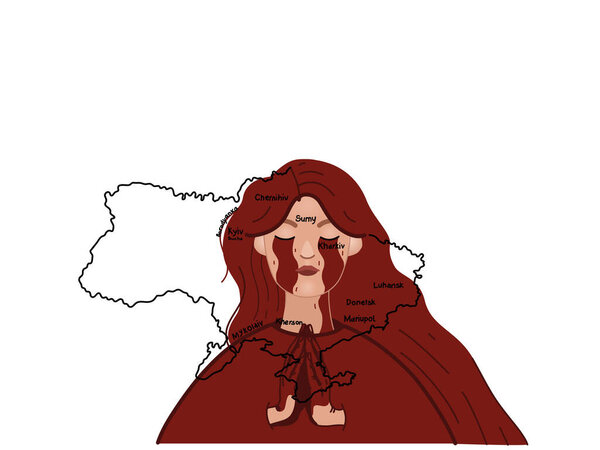 иллюстрация плачущей украинки, молящейся возле карты страны на белом фоне