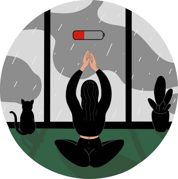 illustration of woman practicing yoga near battery symbol, cat and window in rainy day