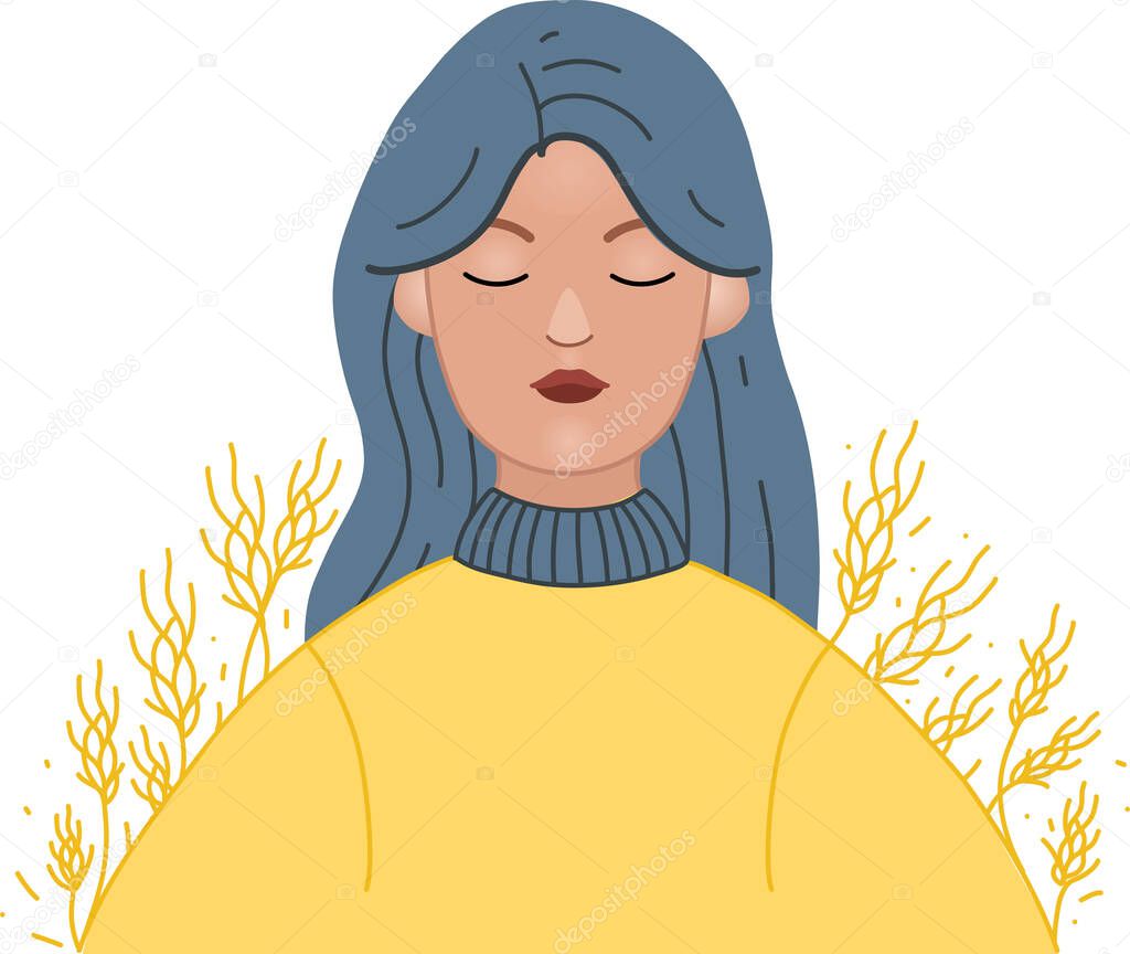 illustration of ukrainian woman in yellow sweater with closed eyes on white