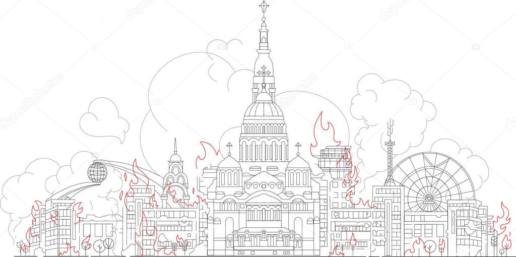 illustration of burning ukrainian city on white, banner