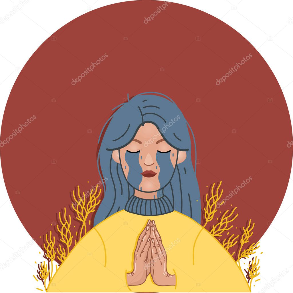 illustration of crying ukrainian woman praying with closed eyes on red
