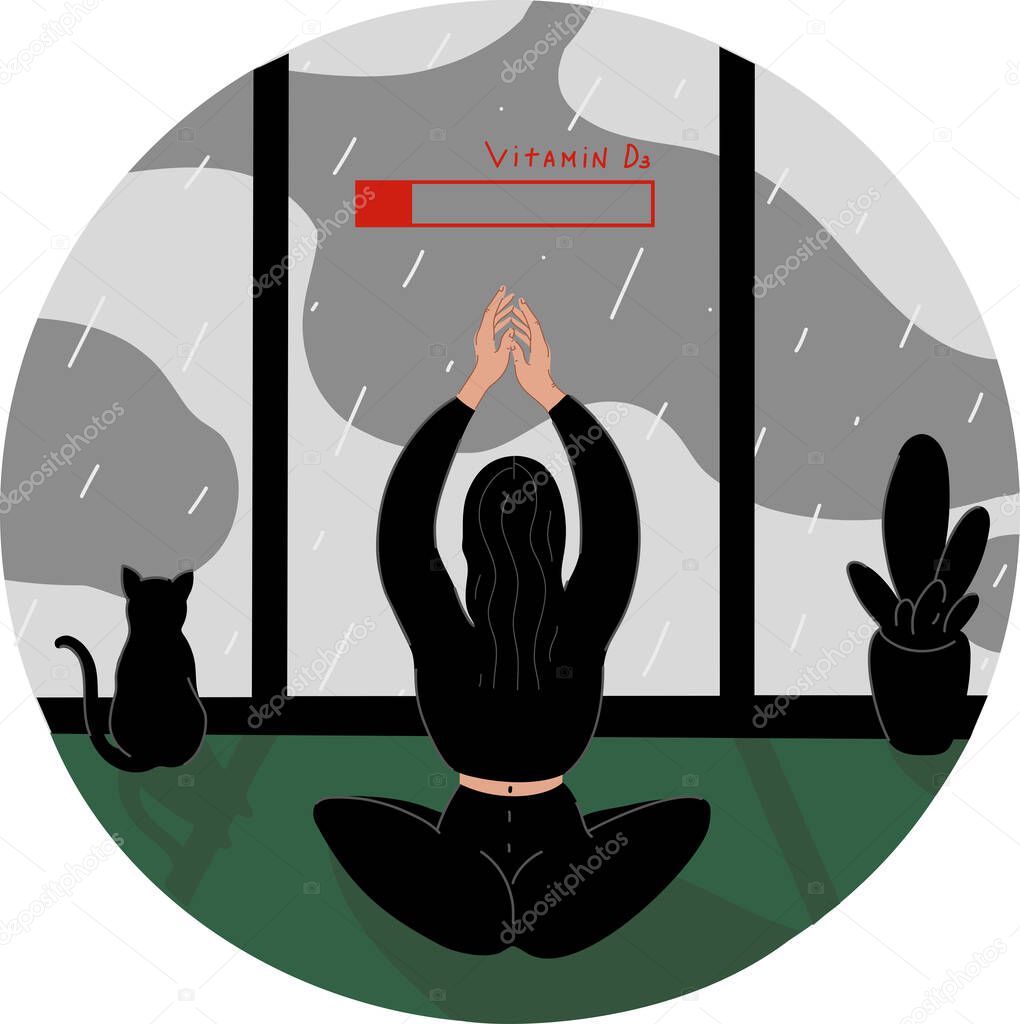 Illustration of woman practicing yoga near battery with vitamin d lettering in rainy day