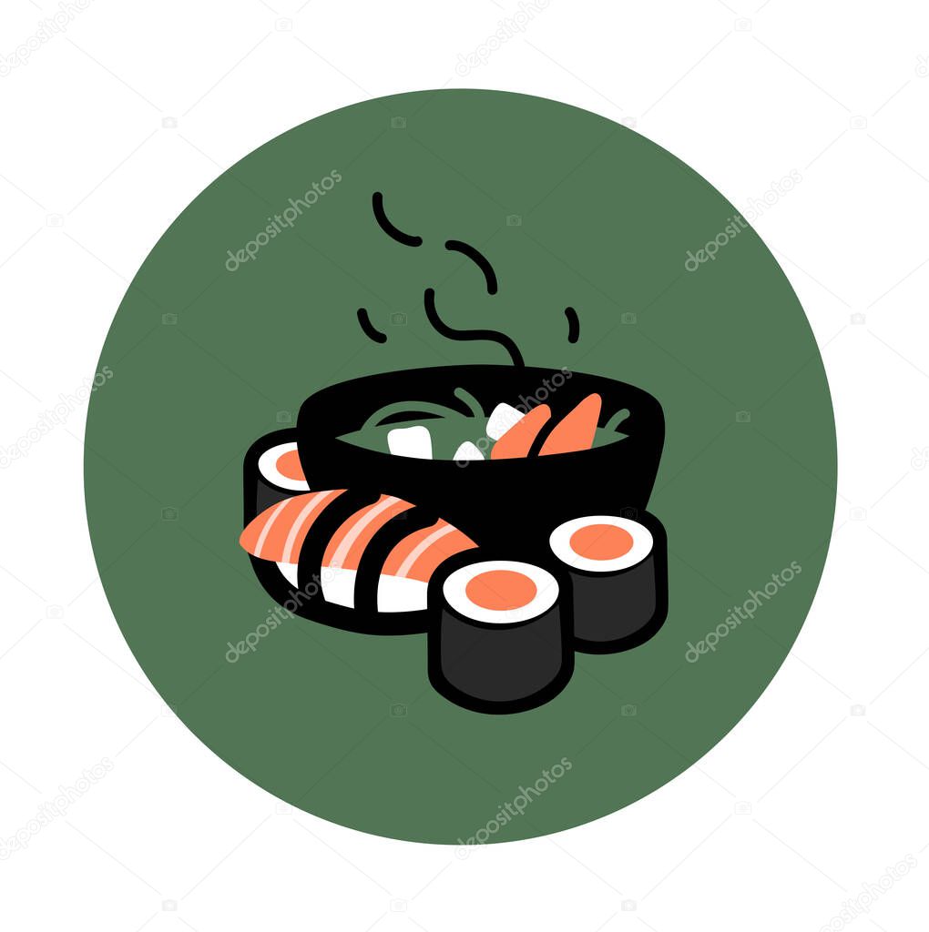 illustration of miso soup and sushi rolls on green