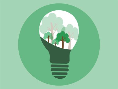 illustration of light bulb with green trees inside, environment day concept 