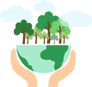 illustration of hands holding globe with green trees, environment day concept 