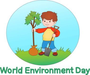 illustration of cartoon boy planting tree near world environment day lettering