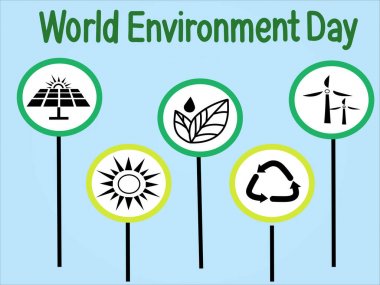 illustration of wind turbines, plants and recycle sign near world environment day lettering on blue