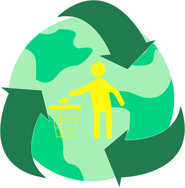 illustration of recycle sing around globe and human throwing garbage in trash bin, environment day concept 