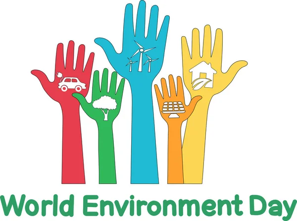 Πολύχρωμα Χέρια Εναλλακτική Ενεργειακή Απεικόνιση Κοντά Στο Παγκόσμιο Περιβάλλον Ημέρα — Διανυσματικό Αρχείο