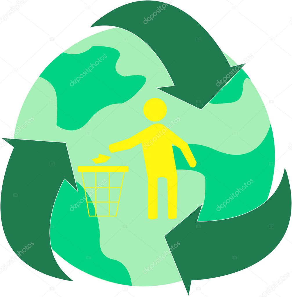 illustration of recycle sing around globe and human throwing garbage in trash bin, environment day concept 