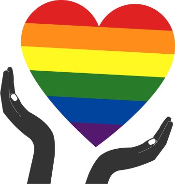 illustration of hands near heart with rainbow lgbt flag on white