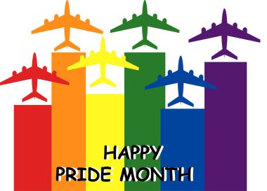 illustration of colorful planes near happy pride month lettering on white clipart