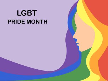 illustration of cartoon woman with colorful hair near lgbt pride month lettering on purple