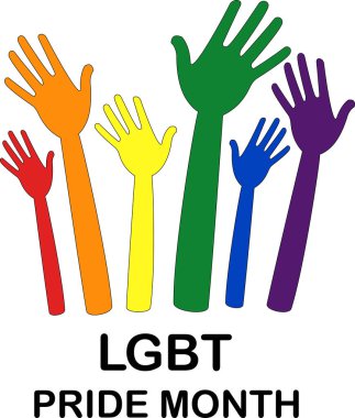 illustration of colorful hands near lgbt pride month lettering on white