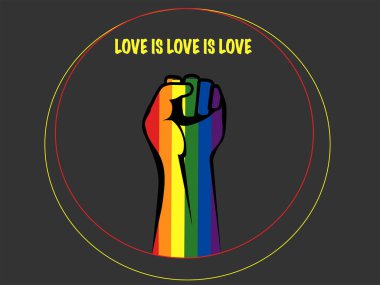 illustration of person with colorful hand and clenched fist near love is love is love lettering on black, lgbt concept 