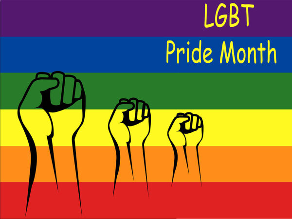 illustration of people with clenched fists near lgbt pride month lettering and rainbow flag