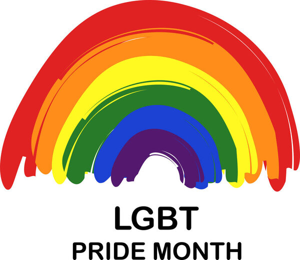 illustration of colorful rainbow near lgbt pride month lettering on white