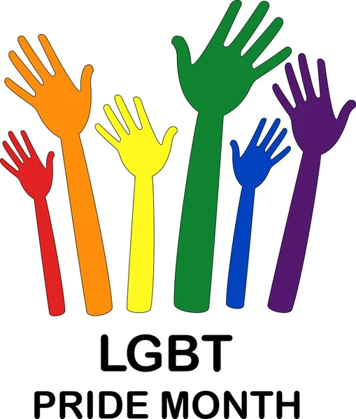 stock vector illustration of colorful hands near lgbt pride month lettering on white