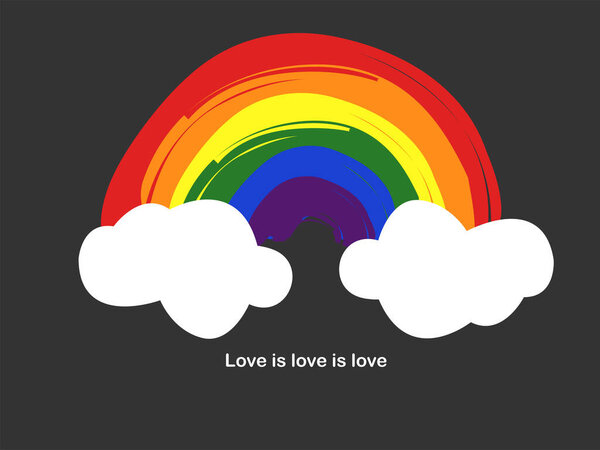 illustration of rainbow and clouds near love is love is love lettering on black, lgbt concept 