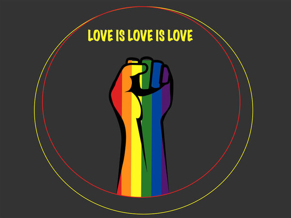 illustration of person with colorful hand and clenched fist near love is love is love lettering on black, lgbt concept 