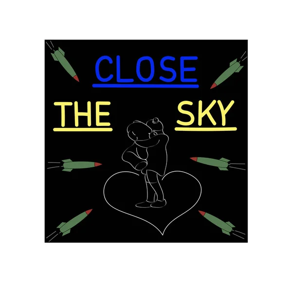 Illustration of kid with teddy bear near bombs and close the sky lettering on black — Stock Photo