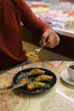Geleneksel hindistancevizli tatlı baklavası. Ev yapımı fındıklı ve ballı baklava..