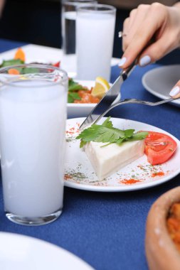 Özel Alkollü İçkili Rakılı Türk ve Yunan Geleneksel Yemek Masası. Uzo ve Türk Rakısı, Türkiye, Yunanistan, Kıbrıs ve Lübnan'da yaygın olarak tüketilen kuru anason aromalı bir aperatiftir.