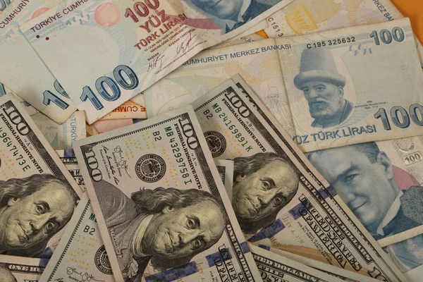 Turkin Liirasetelit Yhdysvaltain Dollarit — kuvapankkivalokuva