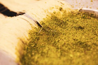 Türk tatlısı, kunafa, kaday fıstığı tozu ve peynirli sıcak yenilen tatlı