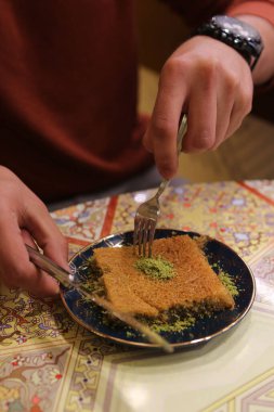 Geleneksel hindistancevizli tatlı baklavası. Ev yapımı fındıklı ve ballı baklava..