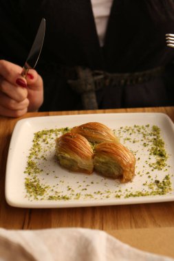 Geleneksel hindistancevizli tatlı baklavası. Ev yapımı fındıklı ve ballı baklava..