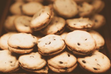 Bir grup çeşit kurabiye. Çikolata parçacıklı, yulaflı, kuru üzümlü, beyaz çikolatalı.