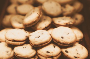 Bir grup çeşit kurabiye. Çikolata parçacıklı, yulaflı, kuru üzümlü, beyaz çikolatalı.