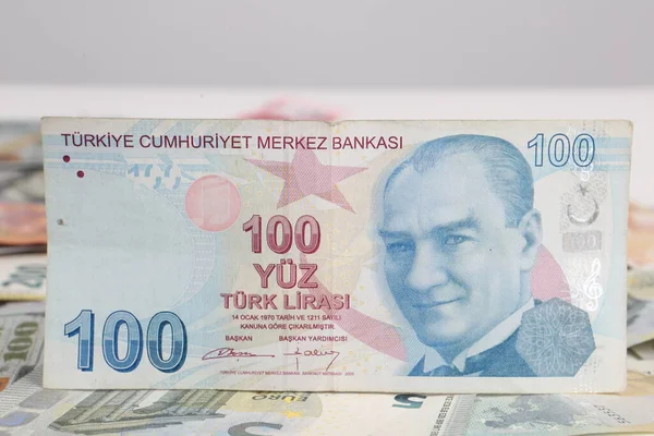 Мультидолларовые Наличные Монеты Банкноты Нового Поколения Биткойн Турецкая Лира — стоковое фото
