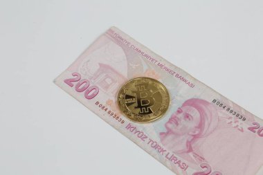Türk lira banknotları ve bitcoin paraları