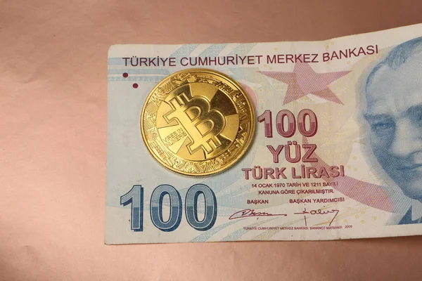 Turecké Liry Bankovky Bitcoin — Stock fotografie
