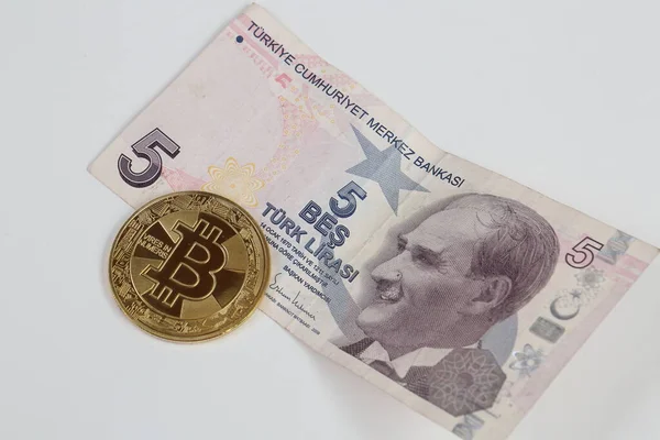 Turkse Lira Bankbiljetten Bitcoin — Stockfoto