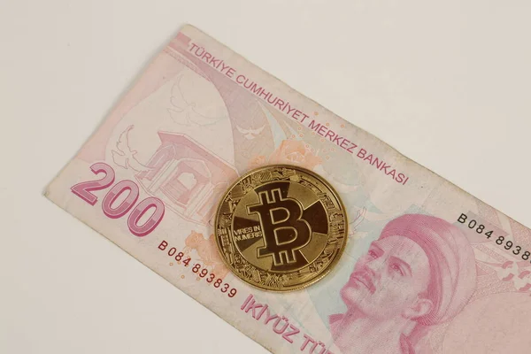 Turecké Liry Bankovky Bitcoin — Stock fotografie